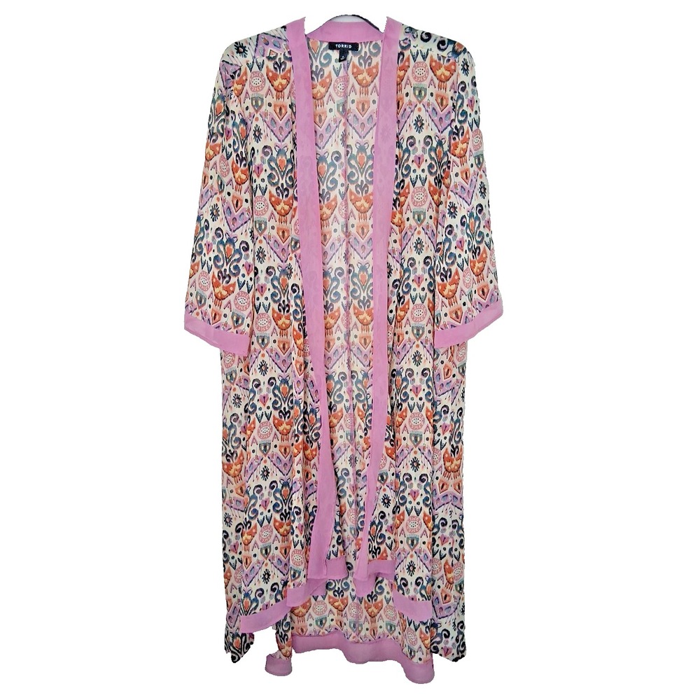 Torrid Sheer‎ Duster Cardigan Size 0/Large Hippie Boho Geo Print  Art To Wear